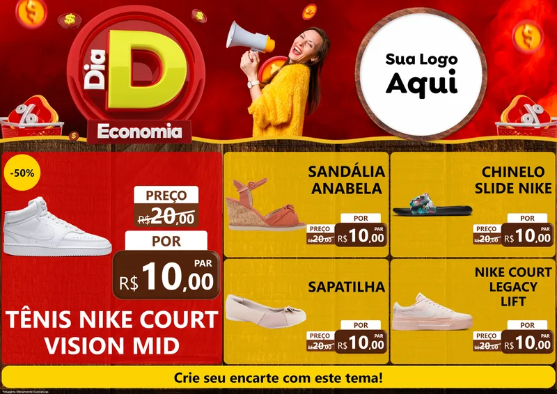 Modelo de Encarte para Encarte A4 Horizontal com o tema Dia D Economia para Calçados