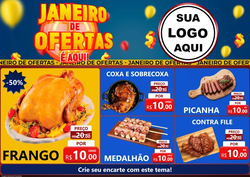 Modelo de Encarte para Encarte A4 Horizontal com o tema Janeiro de Ofertas É Aqui! para Assados