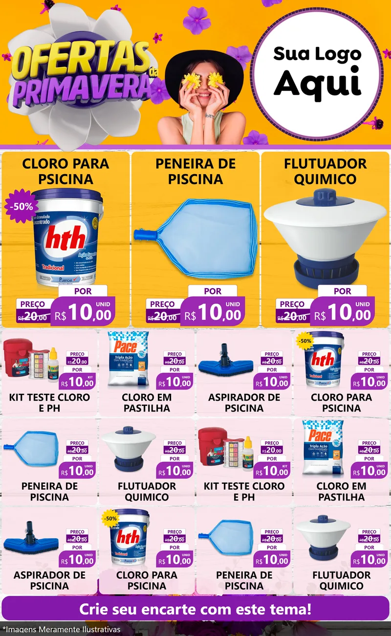 Modelo de Encarte para Encarte Grande com o tema Ofertas Da Primavera para Produtos para Piscina