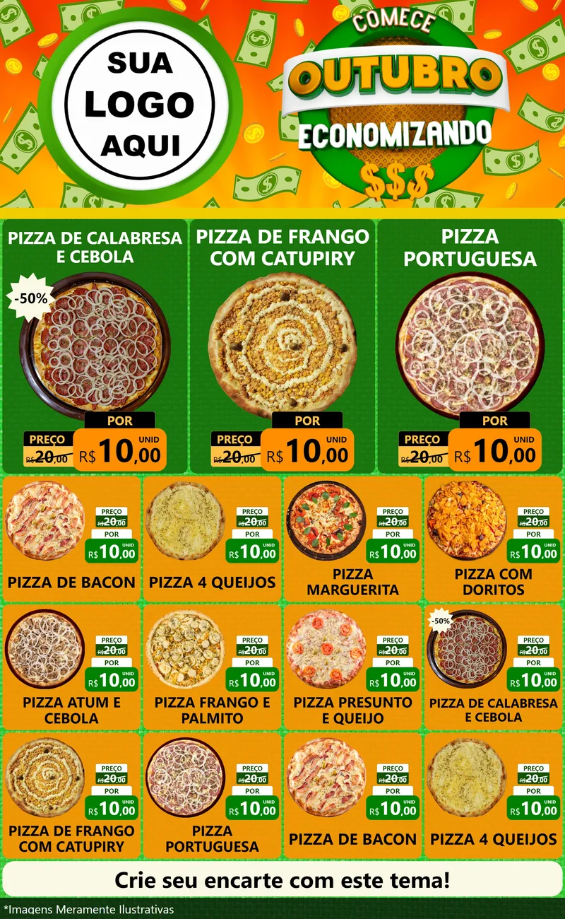 Modelo de Encarte para Encarte Grande com o tema Comece Outubro Economizando para Pizzaria