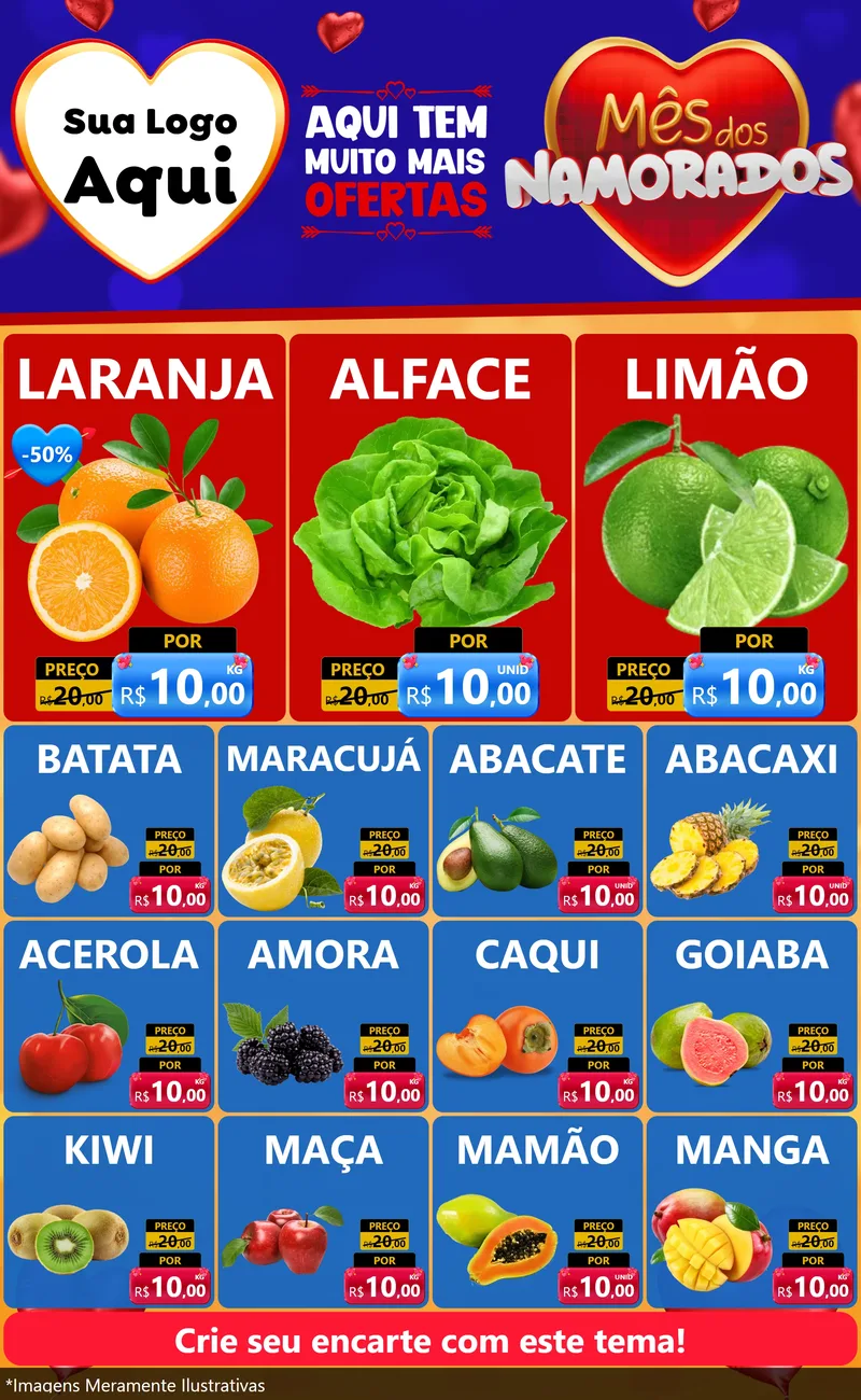 Modelo de Encarte para Encarte Grande com o tema Mês dos Namorados para Hortifrúti