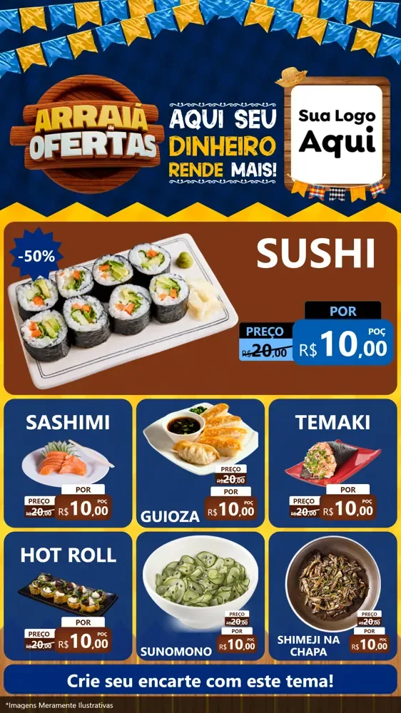 Modelo de Rede Social para Stories com o tema Arraiá de Ofertas - Junina para Comida japonesa