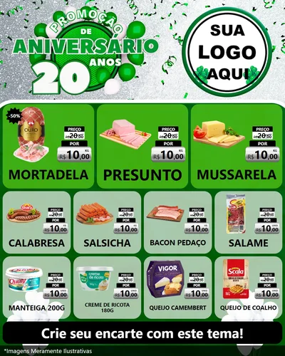 Modelo de Rede Social para Feed Instagram com o tema Promoção de Aniversário - 20 Anos para Frios e Laticínios