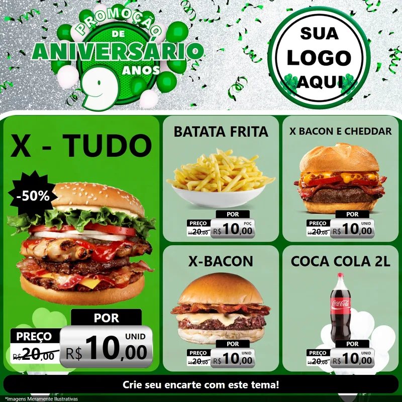 Modelo de Rede Social para Feed Facebook com o tema Promoção de Aniversário - 9 Anos para Hamburgueria