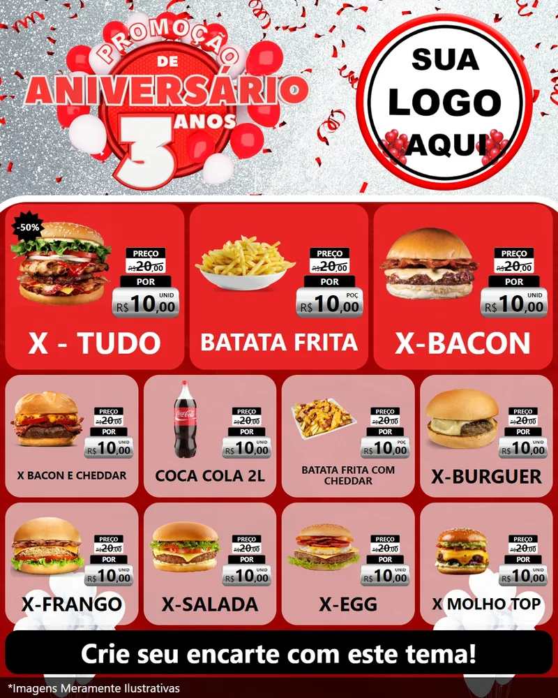 Modelo de Rede Social para Feed Instagram com o tema Promoção de Aniversário - 3 Anos para Hamburgueria