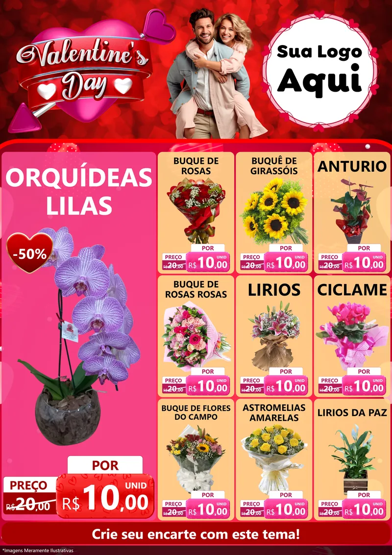 Modelo de Encarte para Encarte A4 Vertical com o tema Valentine's Day para Floricultura e jardim
