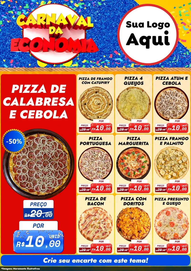 Modelo de Encarte para Encarte A4 Vertical com o tema Carnaval da Economia para Pizzaria
