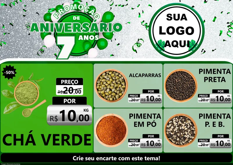 Modelo de Encarte para Encarte A4 Horizontal com o tema Promoção de Aniversário - 7 Anos para Produtos Naturais