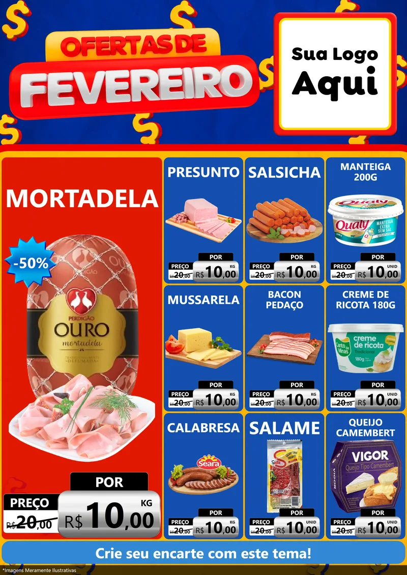 Modelo de Encarte para Encarte A4 Vertical com o tema Ofertas de Fevereiro para Frios e Laticínios