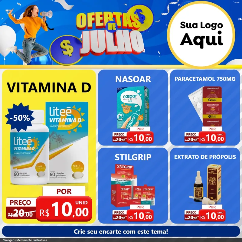 Modelo de Rede Social para Feed Facebook com o tema Ofertas de Julho para Farmácia