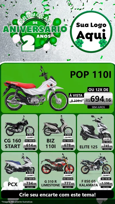 Modelo de Rede Social para Stories com o tema Promoção de Aniversário - 2 Anos para Concessionaria de Motos