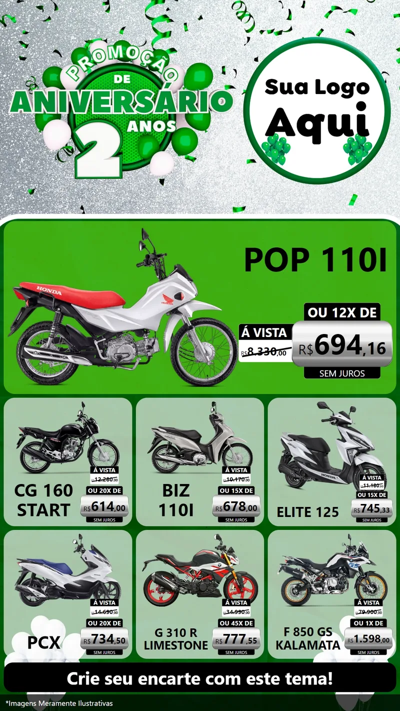 Modelo de Rede Social para Stories com o tema Promoção de Aniversário - 2 Anos para Concessionaria de Motos