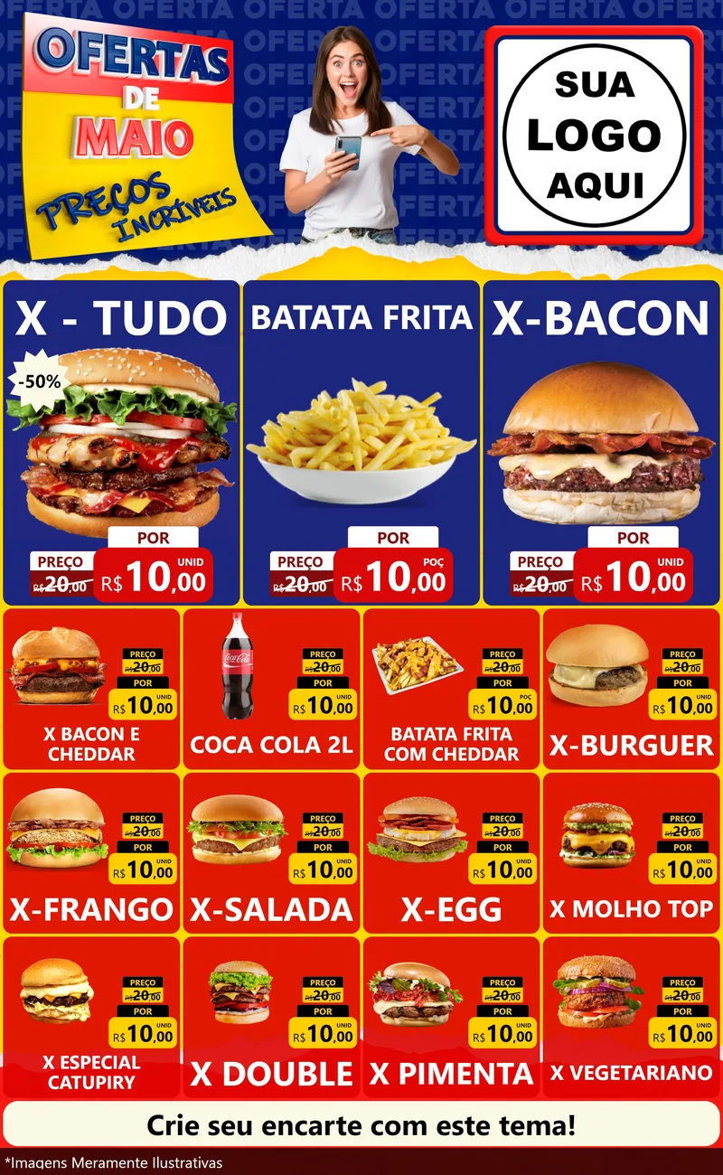 Modelo de Encarte para Encarte Grande com o tema Ofertas de Maio - Preços Incríveis para Hamburgueria