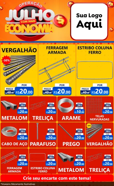 Modelo de Encarte para Encarte Grande com o tema Operação Julho Com Mais Economia para Ferragens