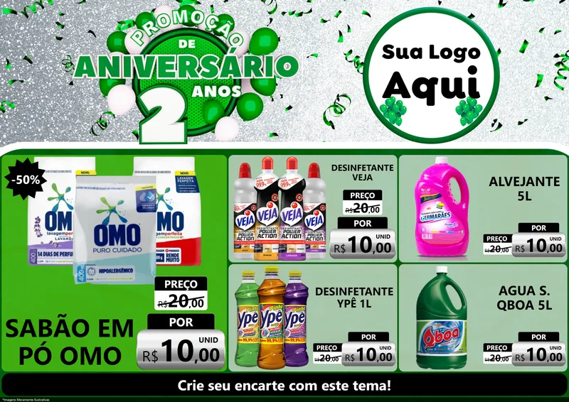 Modelo de Encarte para Encarte A4 Horizontal com o tema Promoção de Aniversário - 2 Anos para Produtos de Limpeza