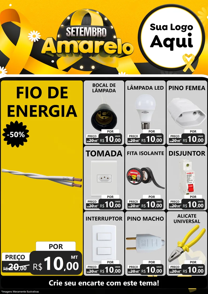Modelo de Encarte para Encarte A4 Vertical com o tema Setembro Amarelo para Materiais Elétricos