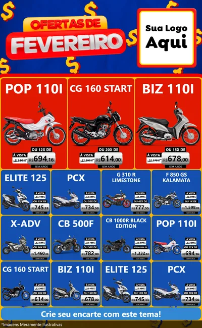 Modelo de Encarte para Encarte Grande com o tema Ofertas de Fevereiro para Concessionaria de Motos