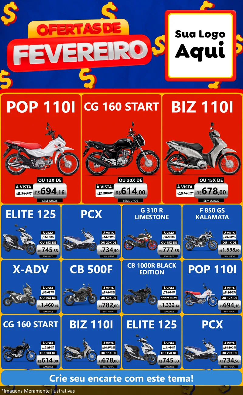 Modelo de Encarte para Encarte Grande com o tema Ofertas de Fevereiro para Concessionaria de Motos