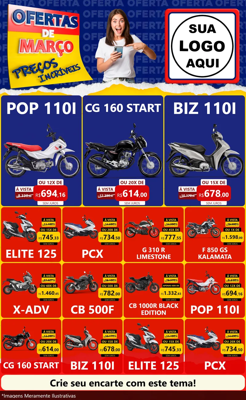 Modelo de Encarte para Encarte Grande com o tema Ofertas de Março - Preços Incríveis para Concessionaria de Motos