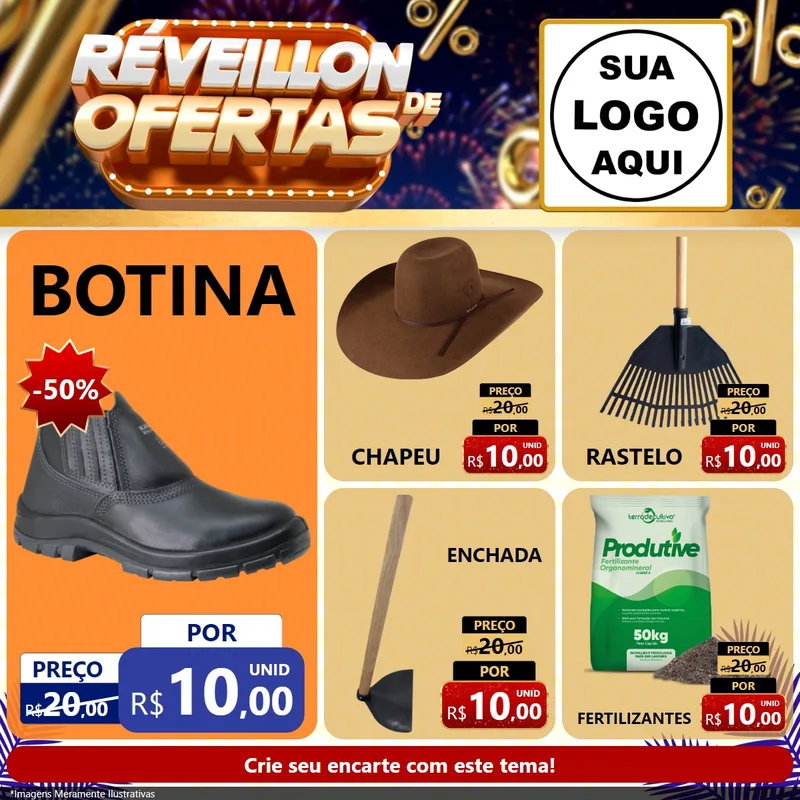 Modelo de Rede Social para Feed Facebook com o tema Réveillon de Ofertas para Agropecuária