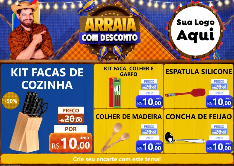 Modelo de Encarte para Encarte A4 Horizontal com o tema Arraiá Com Desconto para Utilidades Domésticas