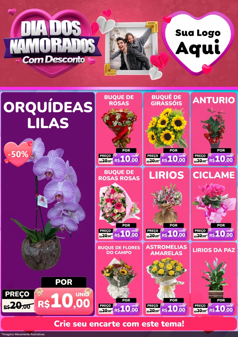 Modelo de Encarte para Encarte A4 Vertical com o tema Dia Dos Namorados Com Desconto para Floricultura e jardim
