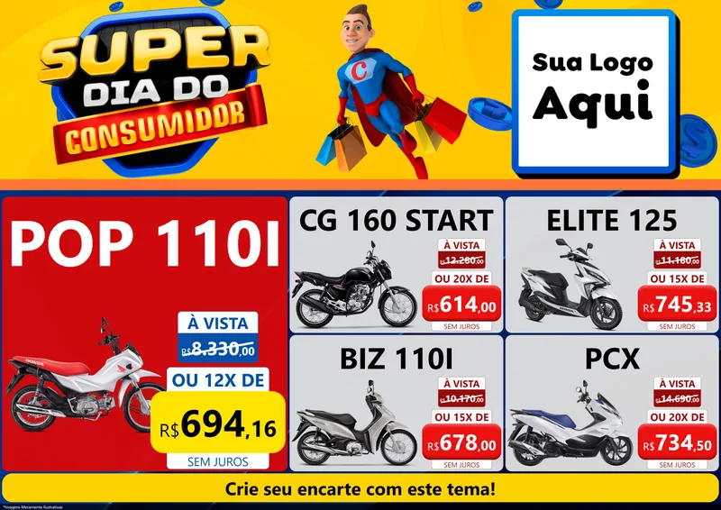 Modelo de Encarte para Encarte A4 Horizontal com o tema Super Dia do Consumidor para Concessionaria de Motos