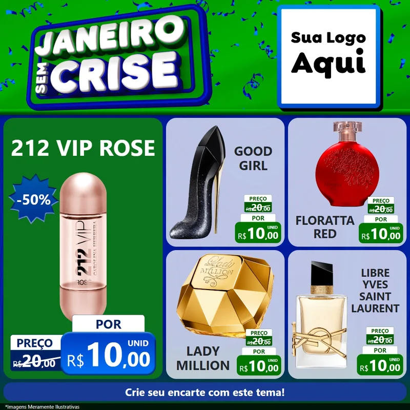Modelo de Rede Social para Feed Facebook com o tema Janeiro Sem Crise para Perfumes