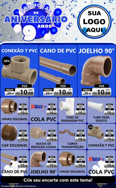 Modelo de Encarte para Encarte Grande com o tema Promoção de Aniversário - 9 Anos para Tubos e conexões