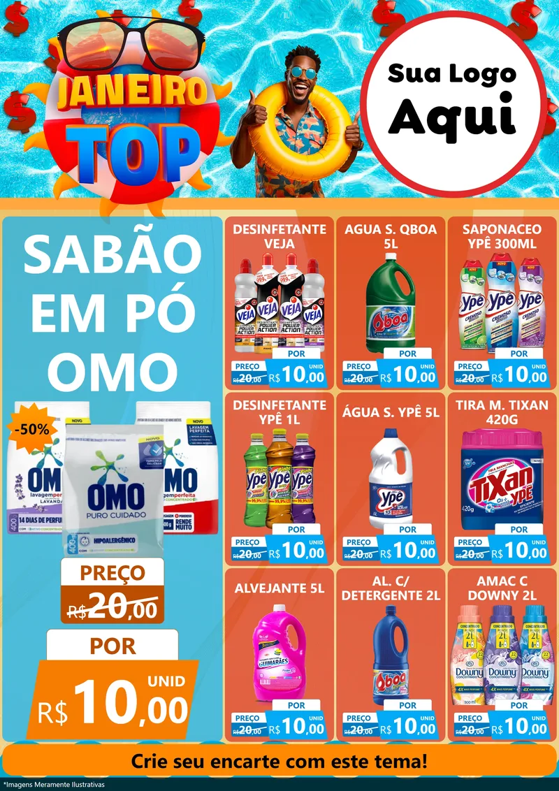 Modelo de Encarte para Encarte A4 Vertical com o tema Janeiro Top para Produtos de Limpeza