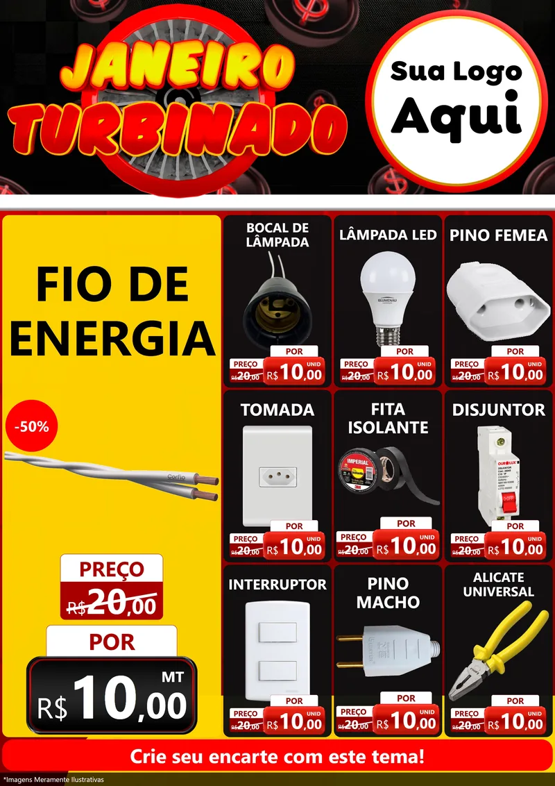 Modelo de Encarte para Encarte A4 Vertical com o tema Janeiro Turbinado para Materiais Elétricos