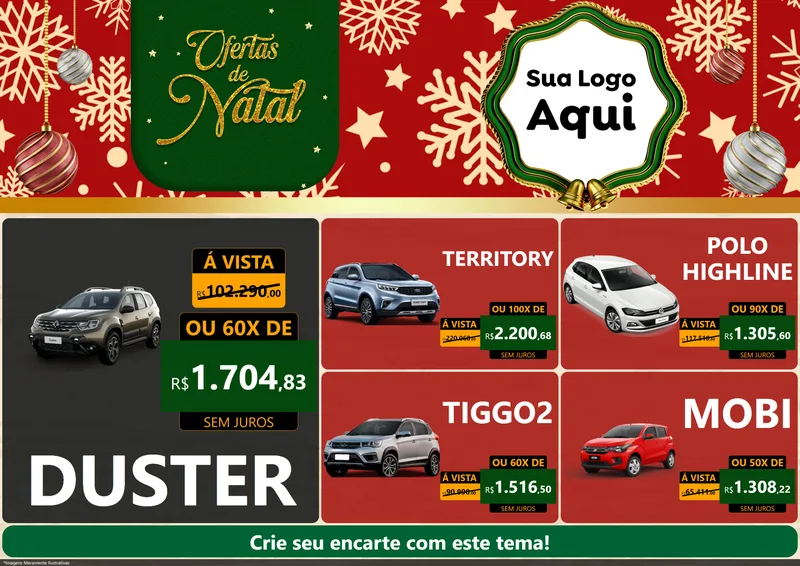 Modelo de Encarte para Encarte A4 Horizontal com o tema Natal de Ofertas para Concessionaria de Carros