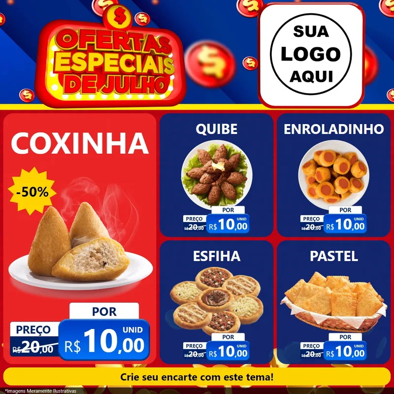 Modelo de Rede Social para Feed Facebook com o tema Ofertas Especiais de Julho para Salgadaria
