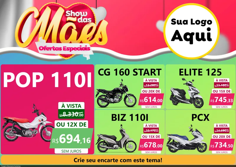 Modelo de Encarte para Encarte A4 Horizontal com o tema Show das Mães - Ofertas Especiais para Concessionaria de Motos
