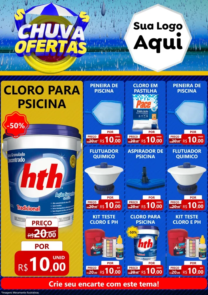 Modelo de Encarte para Encarte A4 Vertical com o tema Chuva de Ofertas para Produtos para Piscina