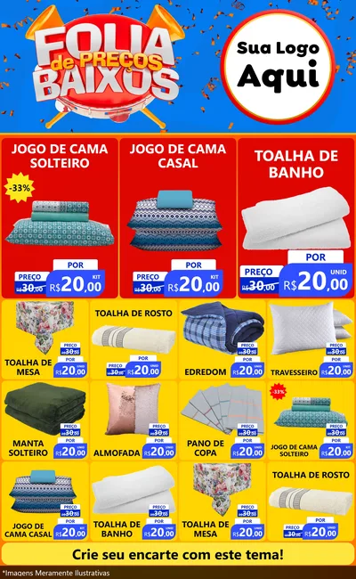 Modelo de Encarte para Encarte Grande com o tema Folia de Preços Baixos para Cama, Mesa e Banho