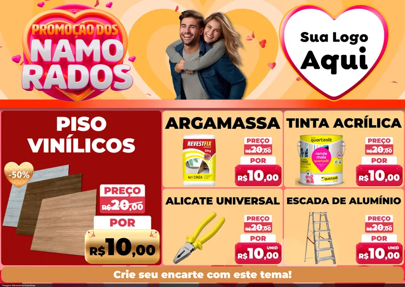 Modelo de Encarte para Encarte A4 Horizontal com o tema Promoção dos Namorados para Material para Construção