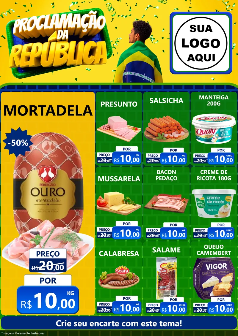 Modelo de Encarte para Encarte A4 Vertical com o tema Proclamação da República para Frios e Laticínios