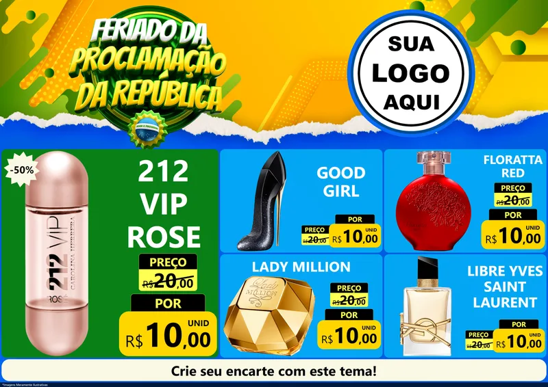Modelo de Encarte para Encarte A4 Horizontal com o tema Feriado da Proclamação da República para Perfumes