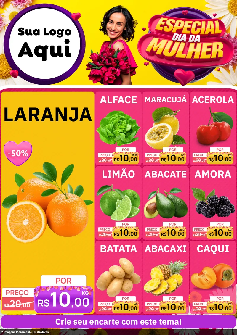 Modelo de Encarte para Encarte A4 Vertical com o tema Especial Dia da Mulher para Hortifrúti