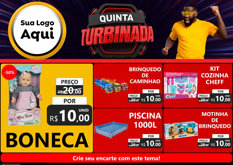 Modelo de Encarte para Encarte A4 Horizontal com o tema Quinta Turbinada para Brinquedos