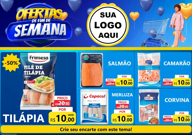 Modelo de Encarte para Encarte A4 Horizontal com o tema Ofertas de Fim de Semana para Peixaria
