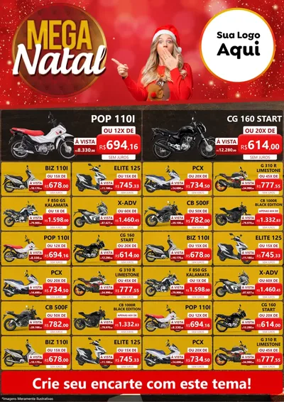 Modelo de Encarte para Encarte A4 Vertical com o tema Mega Natal para Concessionaria de Motos