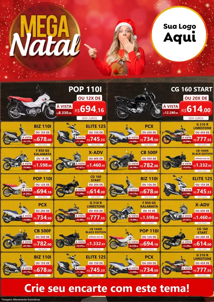 Modelo de Encarte para Encarte A4 Vertical com o tema Mega Natal para Concessionaria de Motos