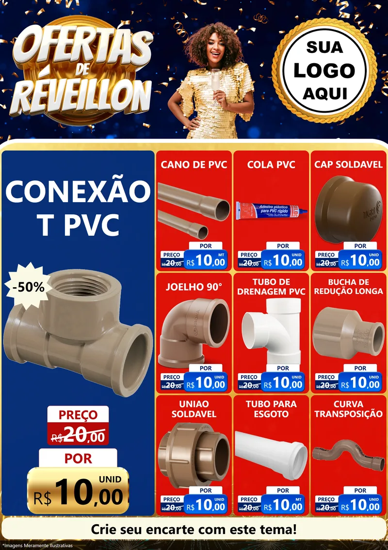 Modelo de Encarte para Encarte A4 Vertical com o tema Ofertas de Réveillon para Tubos e conexões