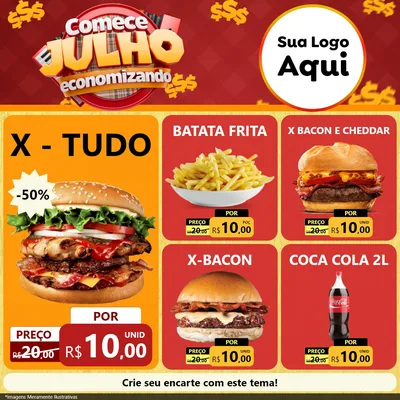 Modelo de Rede Social para Feed Facebook com o tema Comece Julho Economizando para Hamburgueria