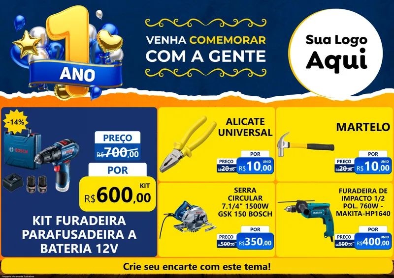 Modelo de Encarte para Encarte A4 Horizontal com o tema Um Ano de Aniversário para Maquinas e Ferramentas