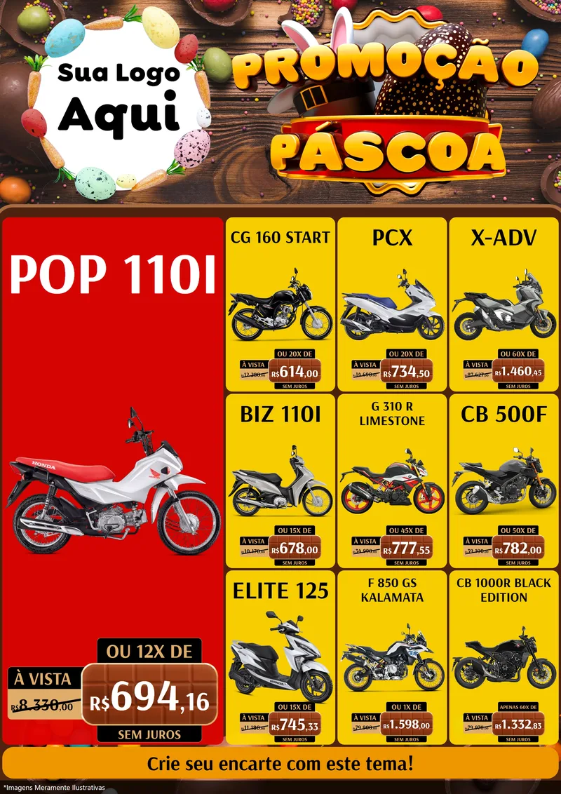 Modelo de Encarte para Encarte A4 Vertical com o tema Promoção Páscoa para Concessionaria de Motos
