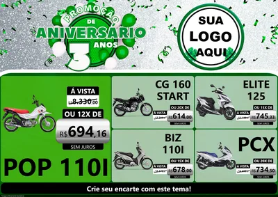 Modelo de Encarte para Encarte A4 Horizontal com o tema Promoção de Aniversário - 3 Anos para Concessionaria de Motos