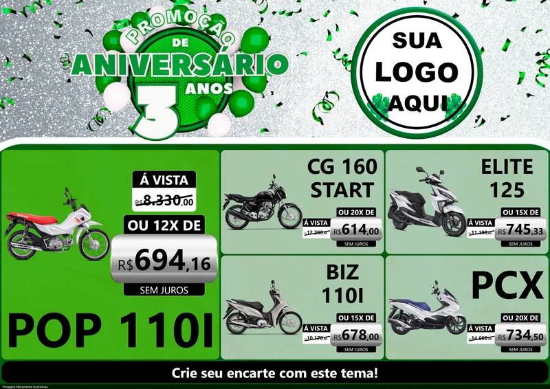 Modelo de Encarte para Encarte A4 Horizontal com o tema Promoção de Aniversário - 3 Anos para Concessionaria de Motos